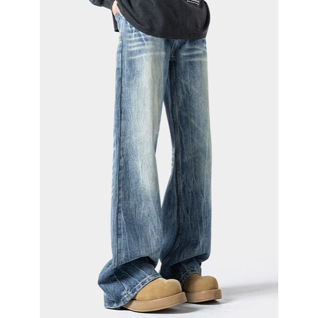 Obikan-Mid Rise Washed Flared Jeans
