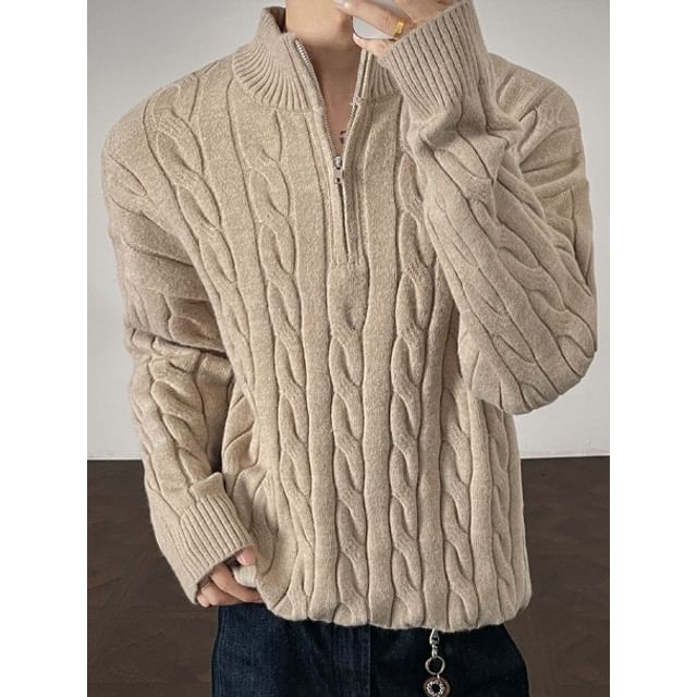 Obikan-Mock Neck Plain Half Zip Cable Knit Sweater