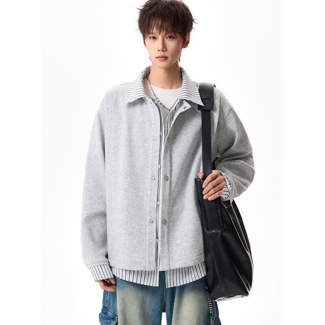 Obikan-Mock Two-Piece Collared Striped Panel Button-Up Jacket