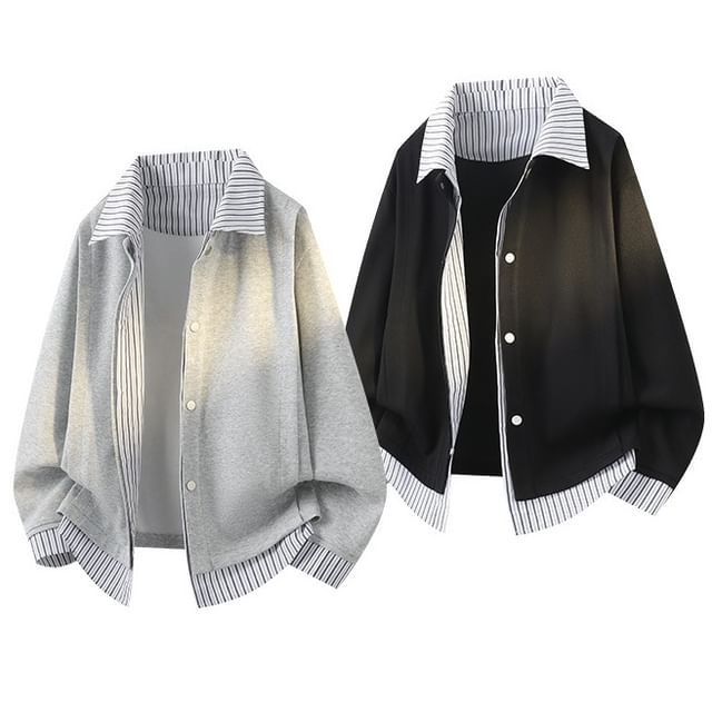 Obikan-Mock Two-Piece Striped Collar Button-Up Shirt Jacket
