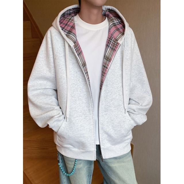 Obikan-Plaid Lining Zip Hoodie