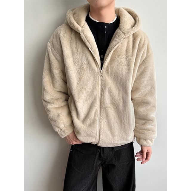 Obikan-Plain Fluffy Zip Hoodie