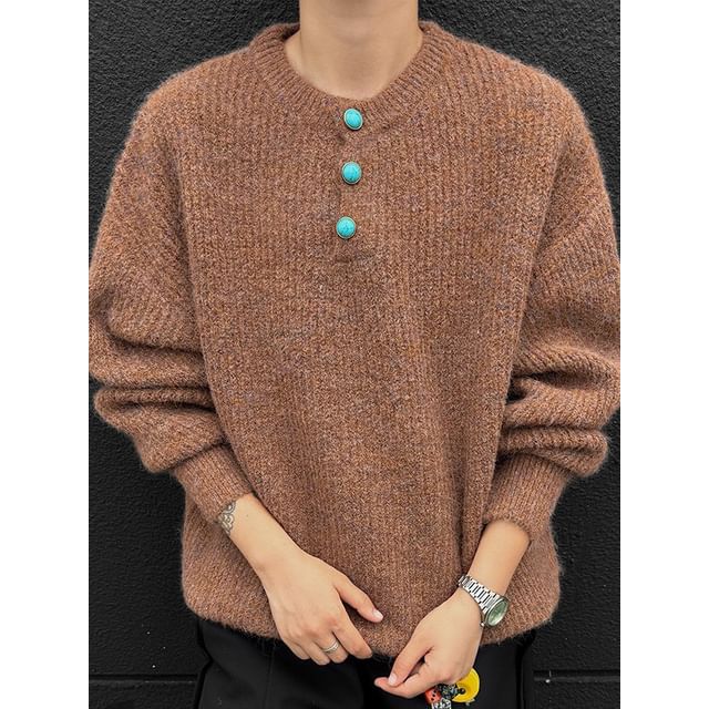 Obikan-Round Neck Plain Oversized Sweater