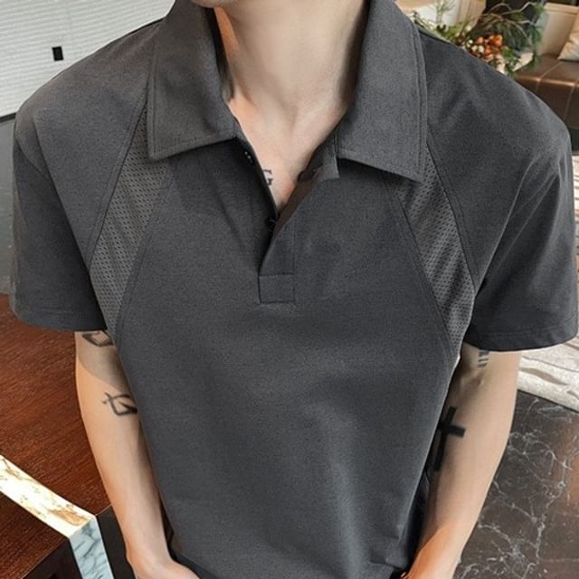 Obikan-Short-Sleeve Mesh Panel Plain Polo Shirt