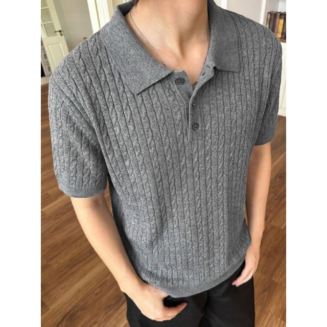 Obikan-Short-Sleeve Plain Cable Knit Polo Shirt