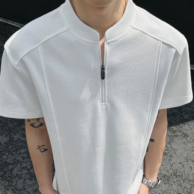 Obikan-Short-Sleeve Stand Collar Half Zip Plain Top