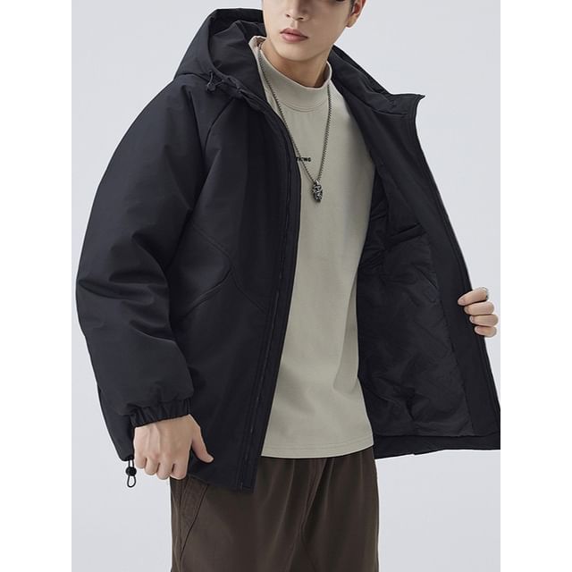 Obikan-Stand Collar Plain Hood Zip Puffer Jacket