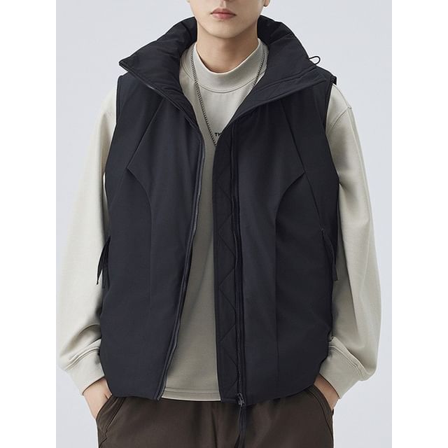 Obikan-Stand Collar Plain Panel Zip Puffer Vest