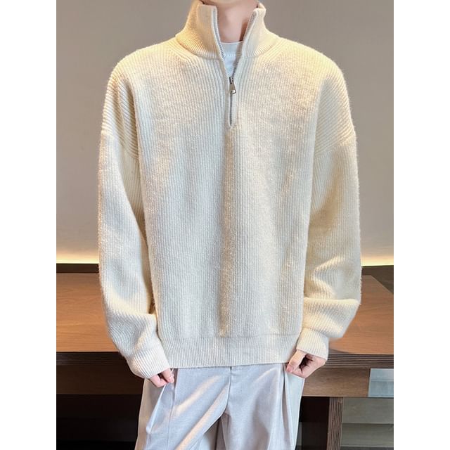 Obikan-Stand Collar Plain Ribbed Sweater