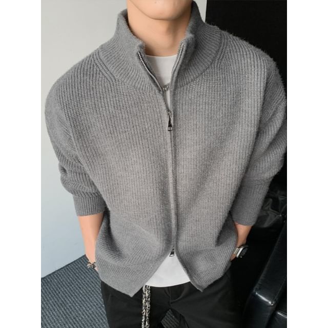 Obikan-Stand Collar Plain Zip Knit Jacket