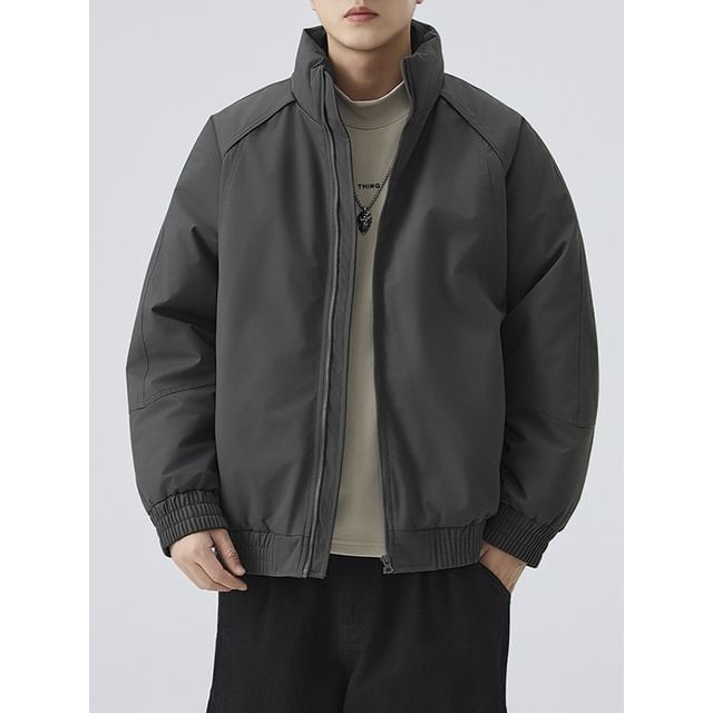 Obikan-Stand Collar Plain Zip Puffer Jacket
