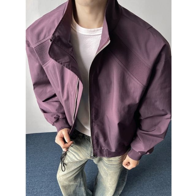 Obikan-Stand Collar Zip-Up Plain Bomber Jacket