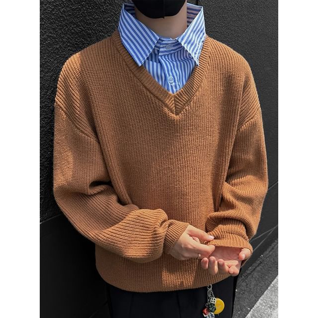 Obikan-Striped Panel Mock Two Piece Sweater