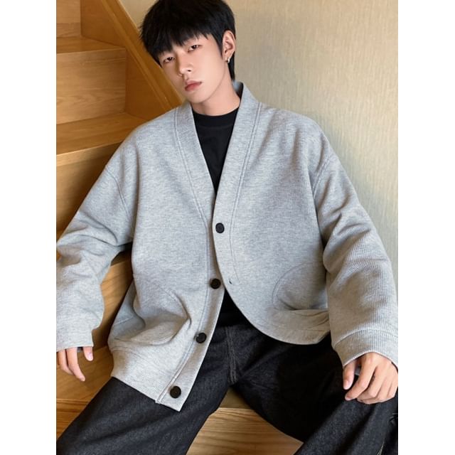 Obikan-V-Neck Plain Button Jacket