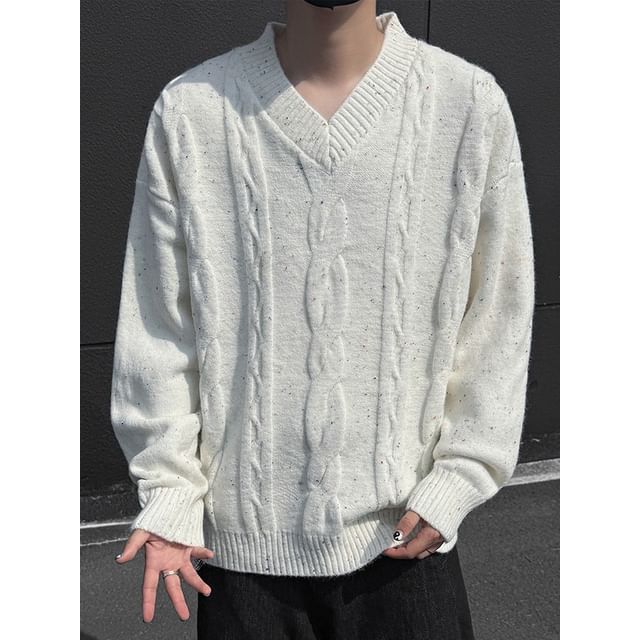 Obikan-V-Neck Plain Cable Knit Sweater