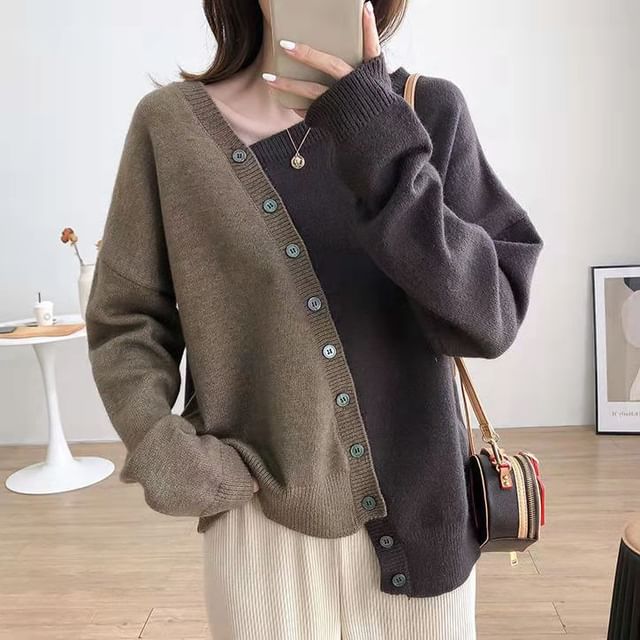 Odestra-Asymmetrical Neck Two Tone Cardigan