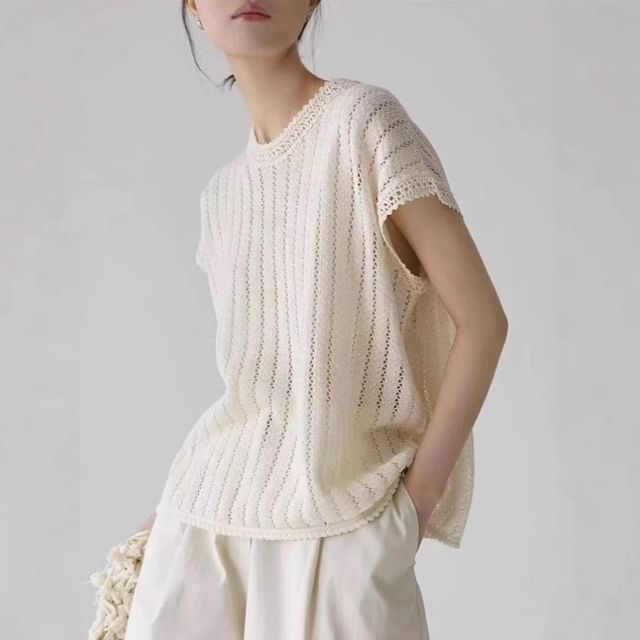 Odestra-Cap-Sleeve Crew Neck Plain Pointelle Knit Top