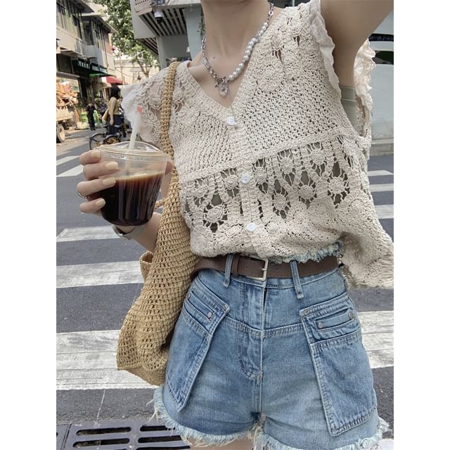 Odestra-Cap-Sleeve V-Neck Crochet Button-Up Top