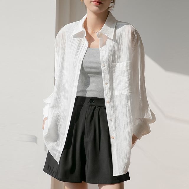 Odestra-Long Sleeve Collared Plain Shirt
