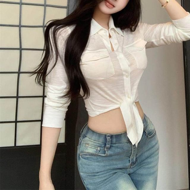 Odestra-Long-Sleeve Plain Crop Shirt