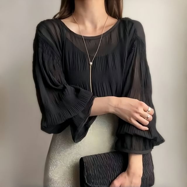 Odestra-Long-Sleeve Round Neck Plain Chiffon Blouse