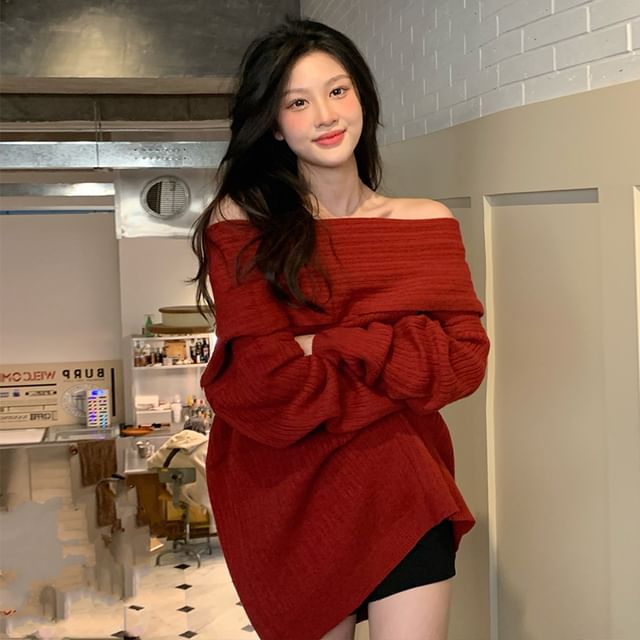 Odestra-Off-Shoulder Plain Ribbed Oversized Sweater