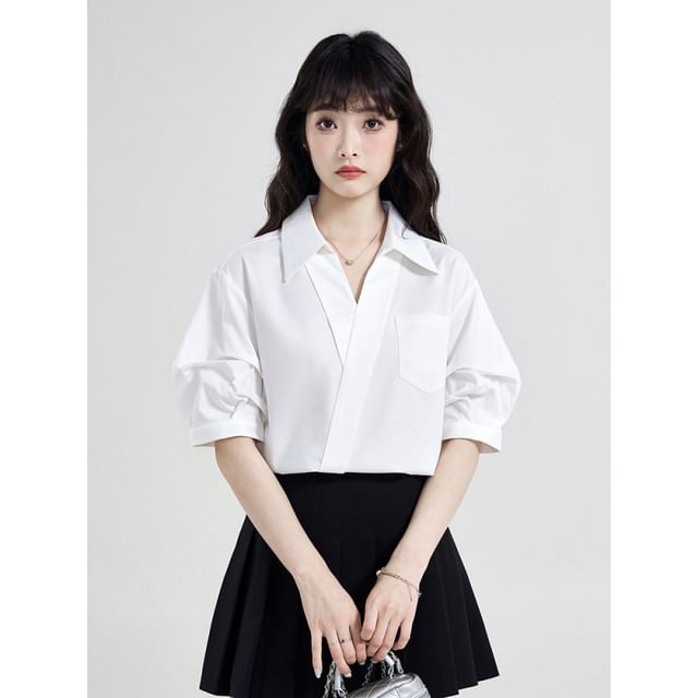 Odestra-Short Sleeve Collared V-Neck Plain Shirt