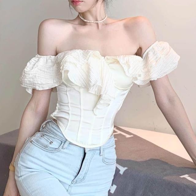 Odestra-Short-Sleeve Off Shoulder Ruffle Plain Crop Top