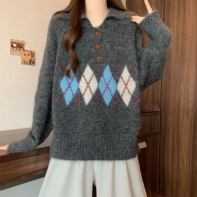 OGAWA-Argyle Polo Sweater