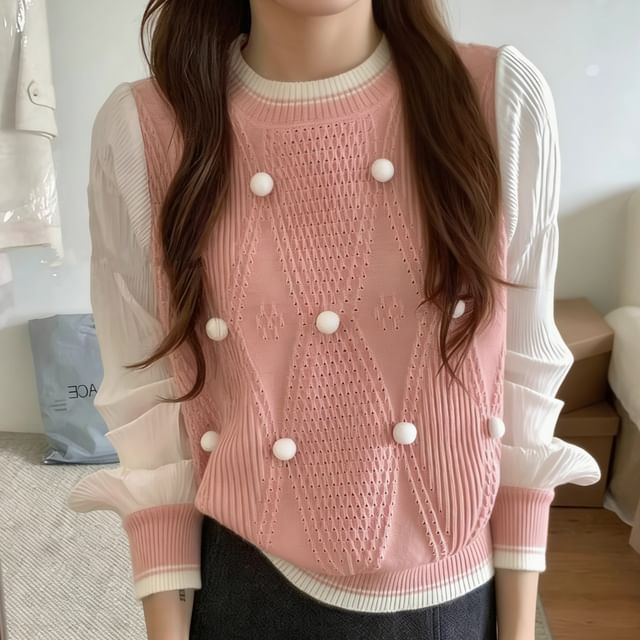 OGAWA-Crew Neck Pom Pom Panel Sweater