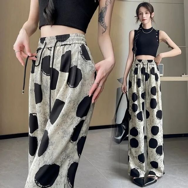 OGAWA-Drawstring Waist Dotted Wide Leg Pants