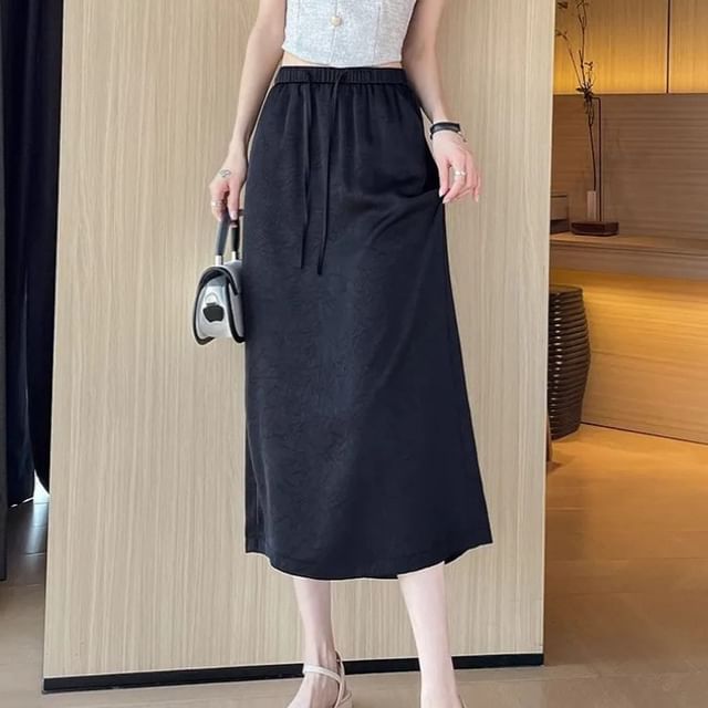 OGAWA-Drawstring Waist Plain Midi A-Line Skirt