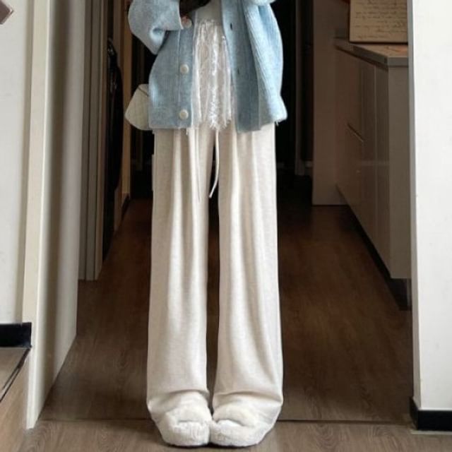 OGAWA-Drawstring Waist Plain Wide Leg Pants