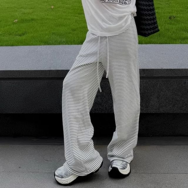 OGAWA-Drawstring Waist Striped Wide Leg Pants
