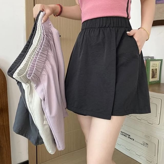 OGAWA-Elastic Waist Plain Wrap Skorts