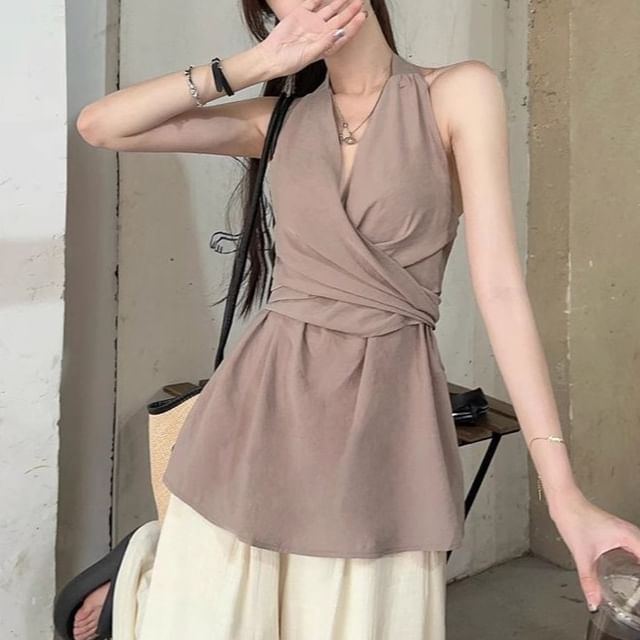 OGAWA-Halter V-Neck Plain Wrap Top