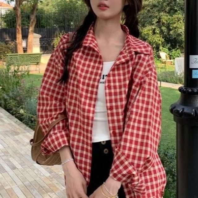 OGAWA-Long Sleeve Collared Plaid Shirt
