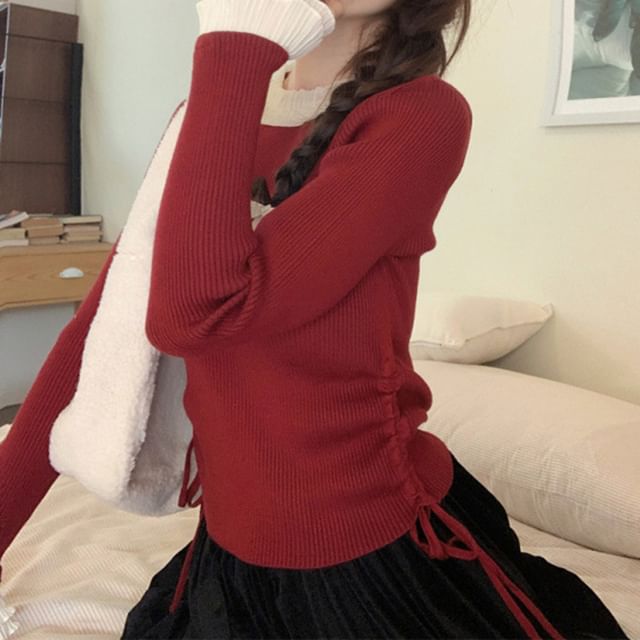 OGAWA-Long-Sleeve Crew Neck Drawstring Ribbed Knit Top