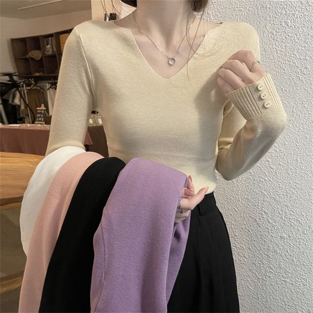 OGAWA-Long-Sleeve Notch Neck Plain Ribbed Knit Top
