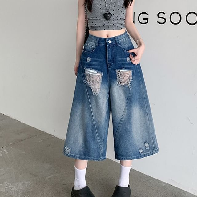 OGAWA-Mid Waist Washed Distressed Denim Jorts