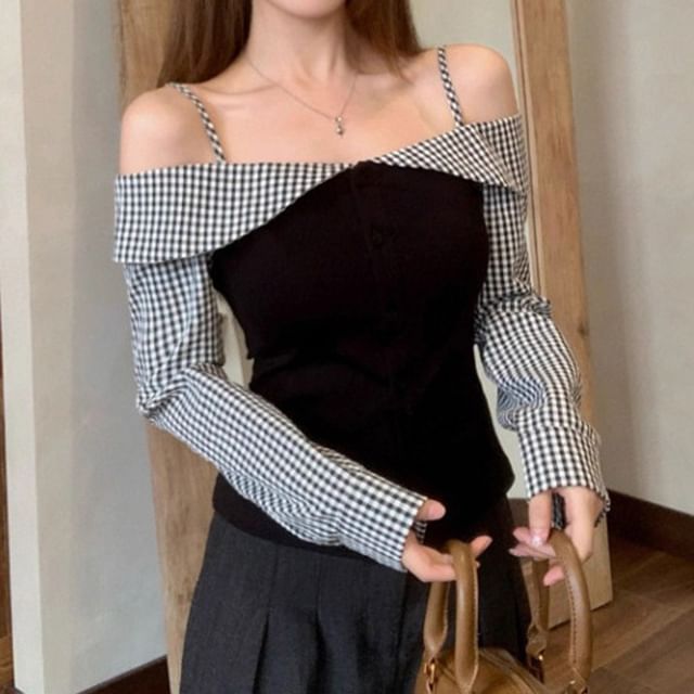 OGAWA-Mock Two-Piece Long-Sleeve Cold-Shoulder Gingham Panel Slim Fit Blouse