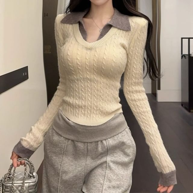 OGAWA-Mock Two-Piece Long-Sleeve Collared Knit Top