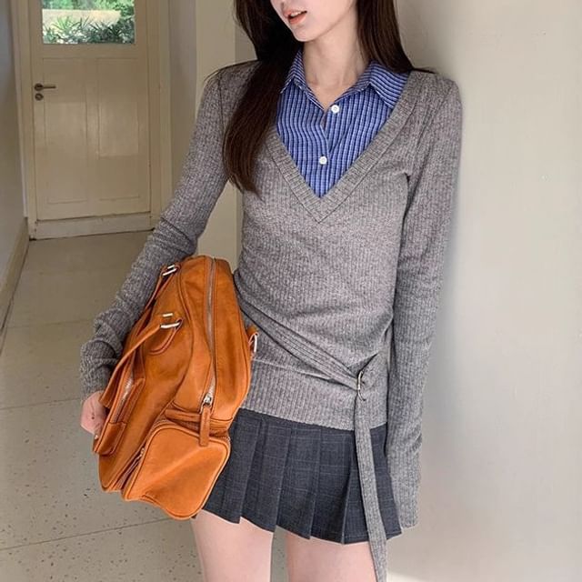 OGAWA-Mock Two-Piece Long-Sleeve Collared Plaid Panel Belted Slim Fit Tee