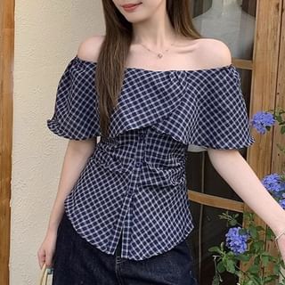 OGAWA-Short-Sleeve Off Shoulder Plaid Button Up Blouse