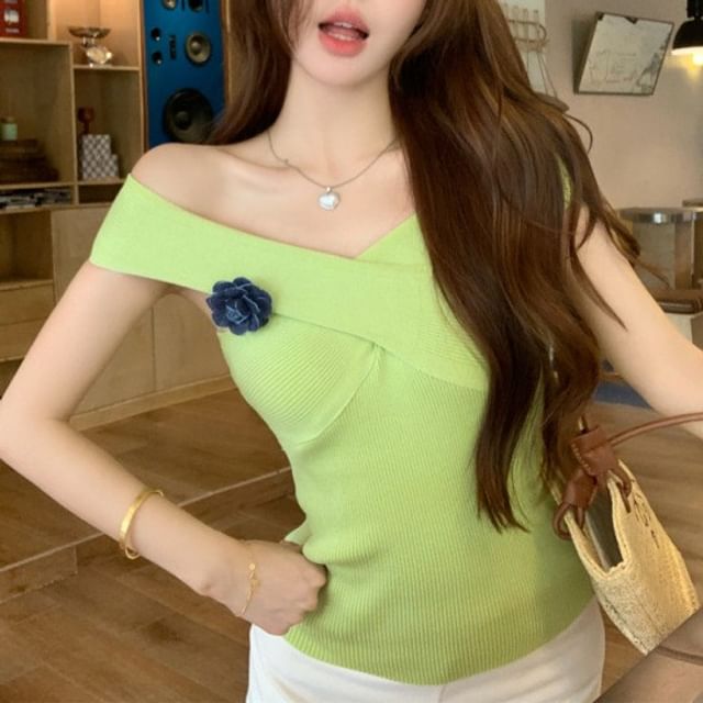 OGAWA-Short-Sleeve Off Shoulder Plain Knit Top