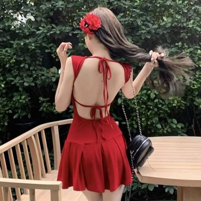 OGAWA-Sleeveless Square Neck Plain Backless Mini A-Line Dress