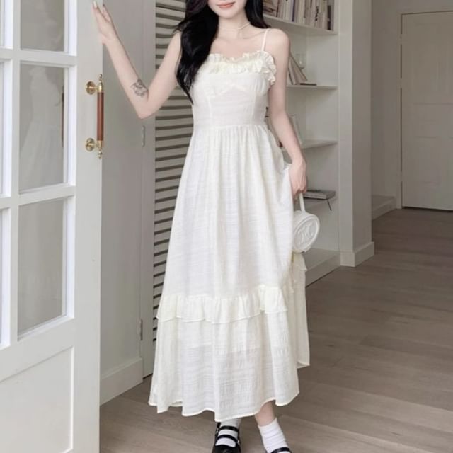 OGAWA-Spaghetti Strap Plain Ruffle Maxi A-Line Dress