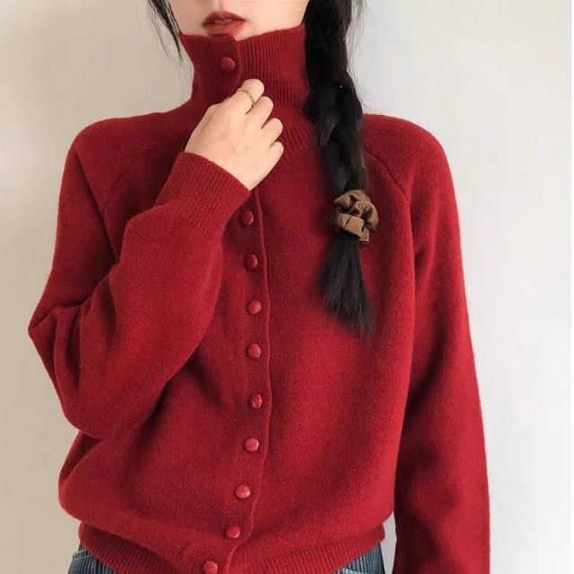 OGAWA-Turtleneck Button-Up Plain Cardigan