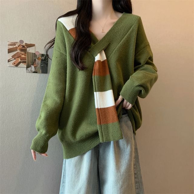 OGAWA-V-Neck Drop Shoulder Color Block Sweater
