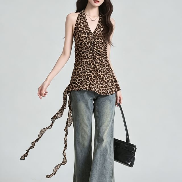 Okalpis-Halter V-Neck Leopard Print Open Back Top